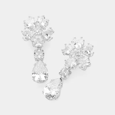 Fashnzfab Flower Cz Stone Cluster Pointed Teardrop Stone Cluster Dangle Earrings - Clear, Silver In Metallic