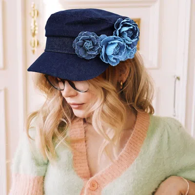 Fashnzfab Flower Denim Beret Hat In Blue
