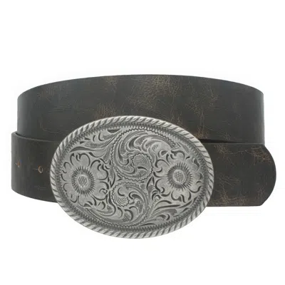 Fashnzfab Flower Embossed Oval Buckle Vintage Strap Belt In Brown