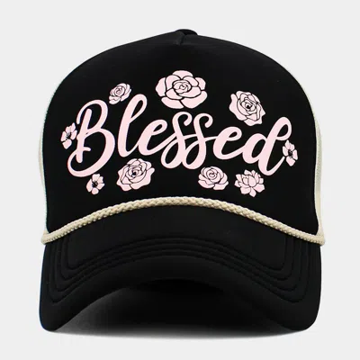 Fashnzfab Flower Embroidered Blessed Mesh Back Trucker Hat In Black