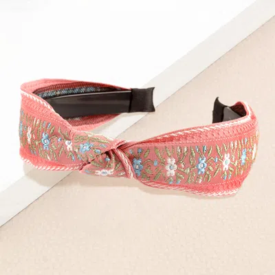 Fashnzfab Flower Embroidered Knot Headband In Pink