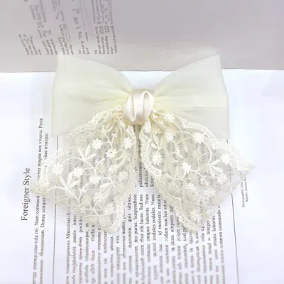 Fashnzfab Flower Embroidered Lace Bow Barrette In White