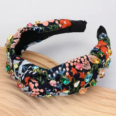 Fashnzfab Flower Embroidered Stone Cluster Embellished Knot Headband In Black
