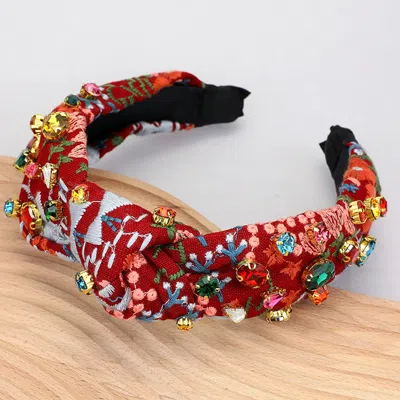 Fashnzfab Flower Embroidered Stone Cluster Embellished Knot Headband In Gold