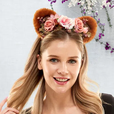 Fashnzfab Flower Faux Fur Animal Ears Headband In Brown