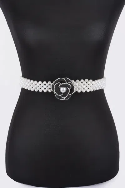 Fashnzfab Flower Faux Pearl Elastic Belt In White