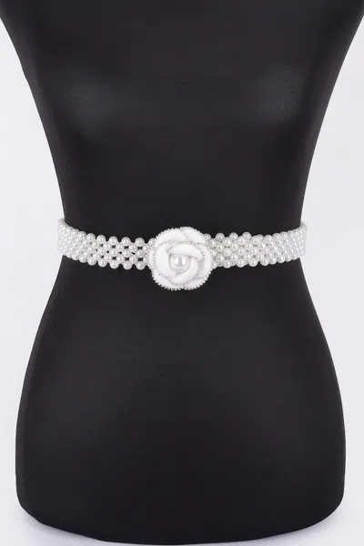 Fashnzfab Flower Faux Pearl Elastic Belt In White