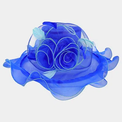 Fashnzfab Flower Feather Accented Double Layered Organza Hat In Blue