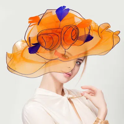 Fashnzfab Flower Feather Accented Double Layered Organza Hat In Orange