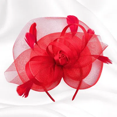 Fashnzfab Flower Feather Fascinator / Headband In Red
