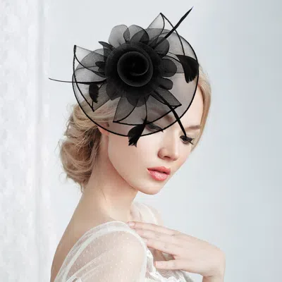 Fashnzfab Flower Feather Mesh Bow Fascinator / Headband In Black
