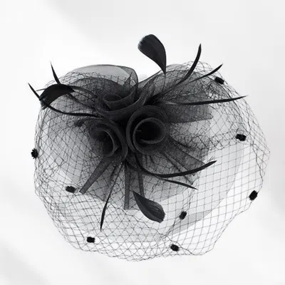 Fashnzfab Flower Feather Mesh Bow Fascinator / Headband In Black