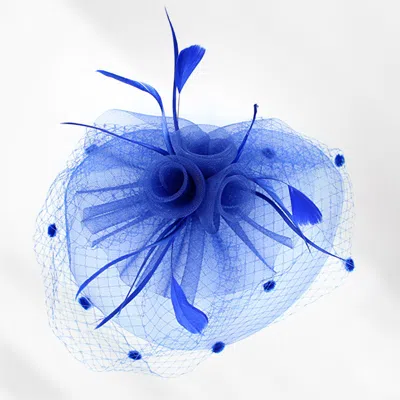 Fashnzfab Flower Feather Mesh Bow Fascinator / Headband In Blue