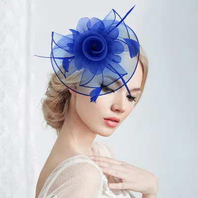 Fashnzfab Flower Feather Mesh Bow Fascinator / Headband In Blue