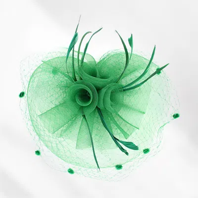 Fashnzfab Flower Feather Mesh Bow Fascinator / Headband In Green