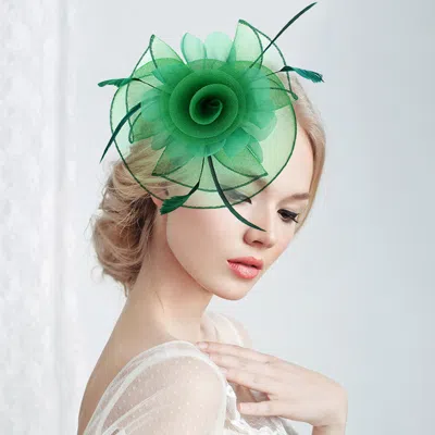 Fashnzfab Flower Feather Mesh Bow Fascinator / Headband Green