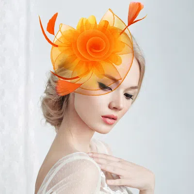Fashnzfab Flower Feather Mesh Bow Fascinator / Headband In Orange