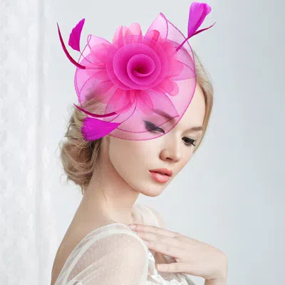 Fashnzfab Flower Feather Mesh Bow Fascinator / Headband In Pink