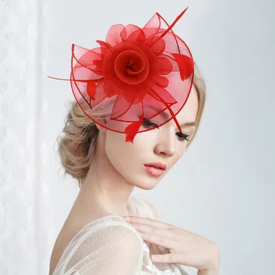 Fashnzfab Flower Feather Mesh Bow Fascinator / Headband In Red