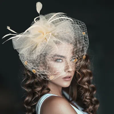 Fashnzfab Flower Feather Mesh Bow Fascinator / Headband In Sand
