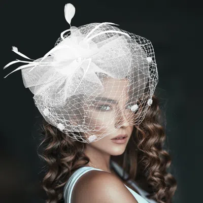 Fashnzfab Flower Feather Mesh Bow Fascinator / Headband In White