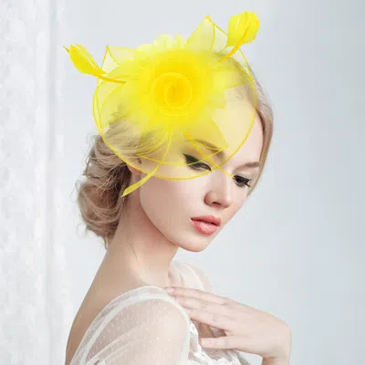 Fashnzfab Flower Feather Mesh Bow Fascinator / Headband In Yellow