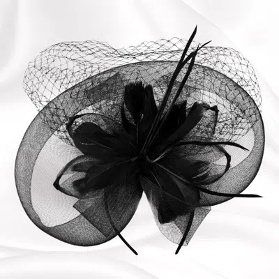 Fashnzfab Flower Feather Mesh Fascinator / Headband In Black