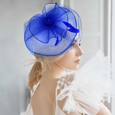 Fashnzfab Flower Feather Mesh Fascinator / Headband In Blue
