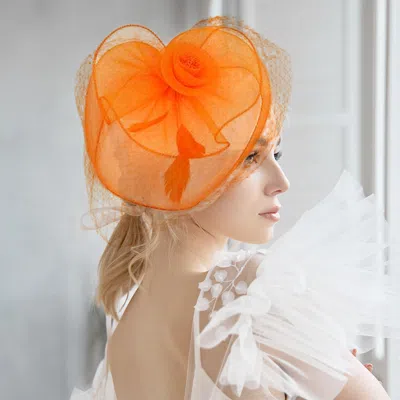 Fashnzfab Flower Feather Mesh Fascinator / Headband In Orange