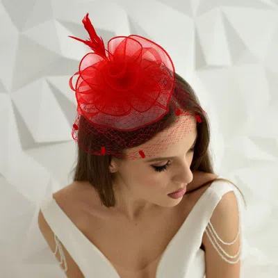 Fashnzfab Flower Feather Mesh Fascinator / Headband In Red
