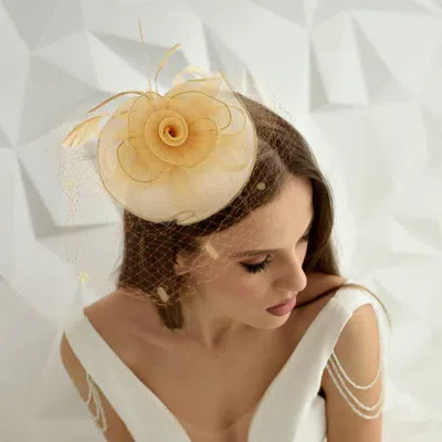 Fashnzfab Flower Feather Mesh Fascinator / Headband In Sand