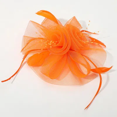 Fashnzfab Flower Feather Pearl Mesh Bow Fascinator / Headband In Orange