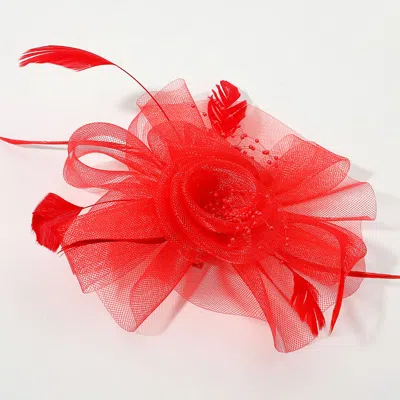 Fashnzfab Flower Feather Pearl Mesh Bow Fascinator / Headband In Red