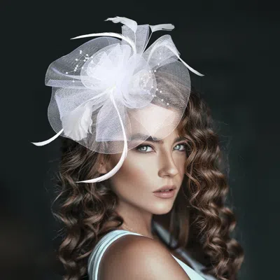 Fashnzfab Flower Feather Pearl Mesh Bow Fascinator / Headband In White