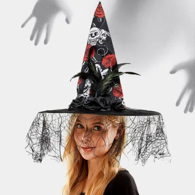 Fashnzfab Flower Feather Skull Spider Web Halloween Witch Hat In Black