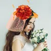 Fashnzfab Flower Feather Veil Fascinator / Headband In Orange