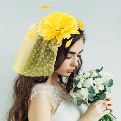 Fashnzfab Flower Feather Veil Fascinator / Headband In Yellow