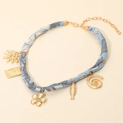Fashnzfab Flower Fish Swirl Starburst Mixed Symbolic Charm Station Fabric Scarf Necklace - Multi