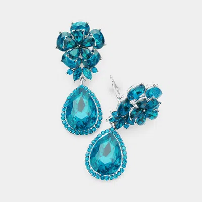Fashnzfab Flower Glass Crystal Teardrop Dangle Clip On Earrings - Blue Zircon