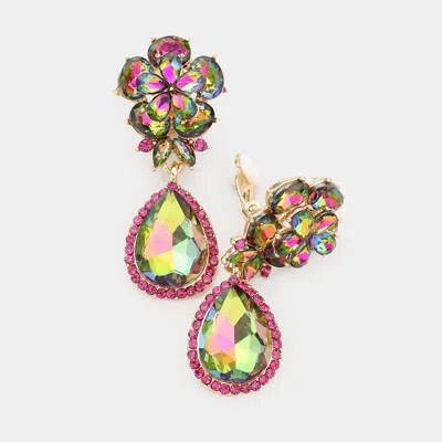 Fashnzfab Flower Glass Crystal Teardrop Dangle Clip On Earrings In Gold