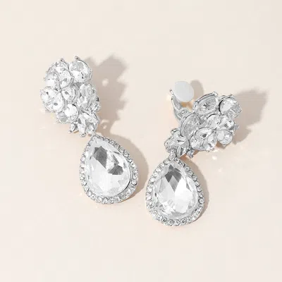 Fashnzfab Flower Glass Crystal Teardrop Dangle Clip On Earrings In Silver