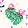 Fashnzfab Flower Glittered Tropical Leaf Link Dangle Earrings - Green, Pink In Green