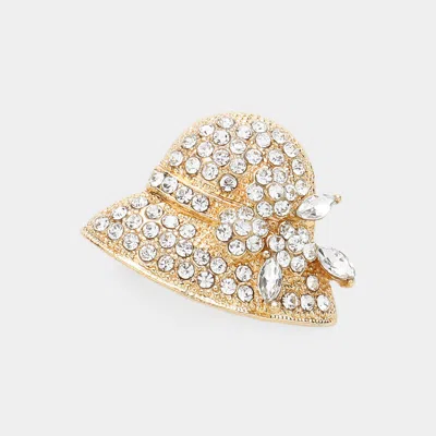 Fashnzfab Flower Hat Rhinestone Pin Brooch In Gold