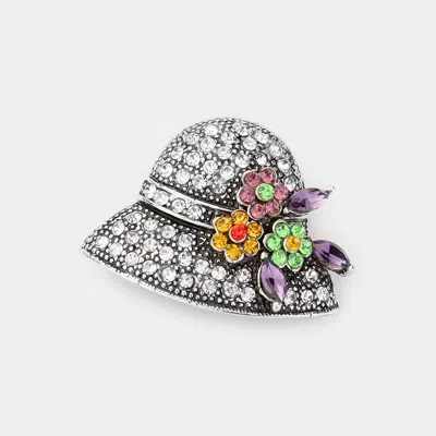 Fashnzfab Flower Hat Rhinestone Pin Brooch In Multi