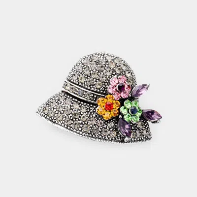 Fashnzfab Flower Hat Rhinestone Pin Brooch In Silver