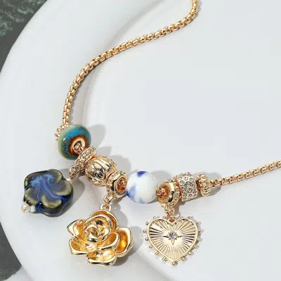 Fashnzfab Flower Heart Ceramic Ball Charm Beaded Necklace In Gold