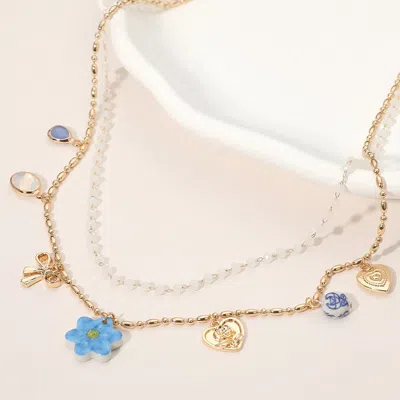 Fashnzfab Flower Heart Charm Station Double Layered Necklace - Blue, Gold In Multi