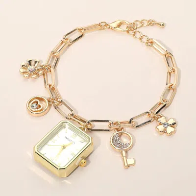 Fashnzfab Flower Key Heart Charm Watch Bracelet In Gold