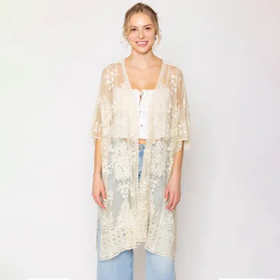 Fashnzfab Flower Lace Kimono Poncho In White