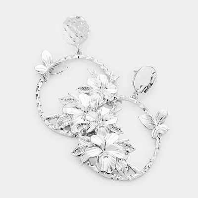 Fashnzfab Flower Leaf Butterfly Detail Open Metal Circle Dangle Earrings - Rhodium In Silver